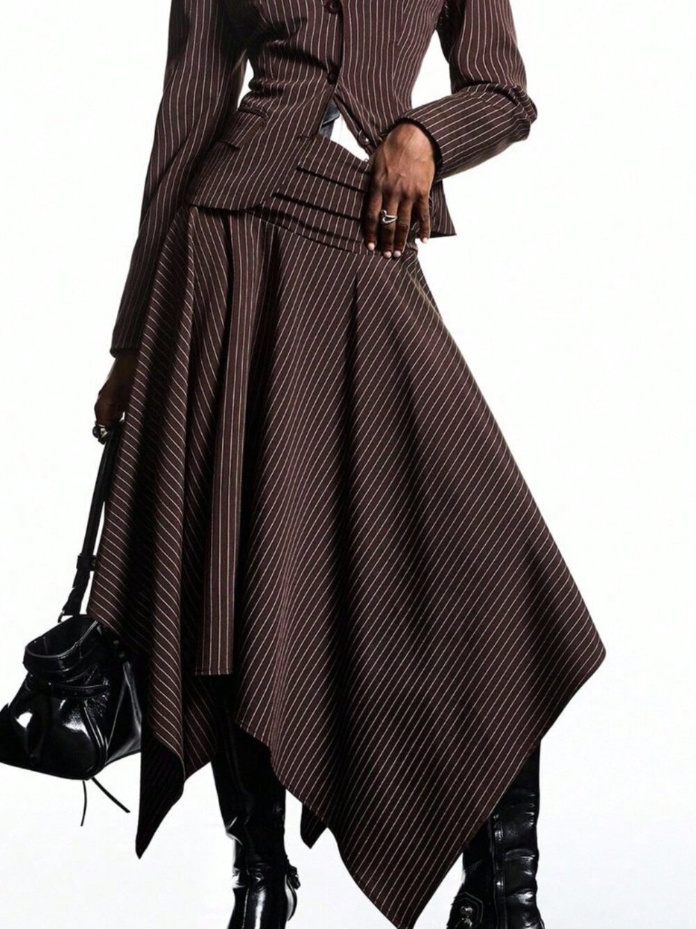 Rust Brown Elegant Women's Stripe Waist-Cinched Blazer Skirt Suit Set - Picture 4 of 7